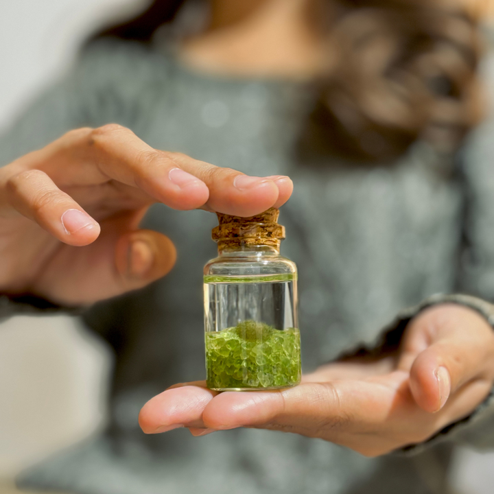 Tiny Marimo Moss Ball Terrarium with Peridot Gemstones