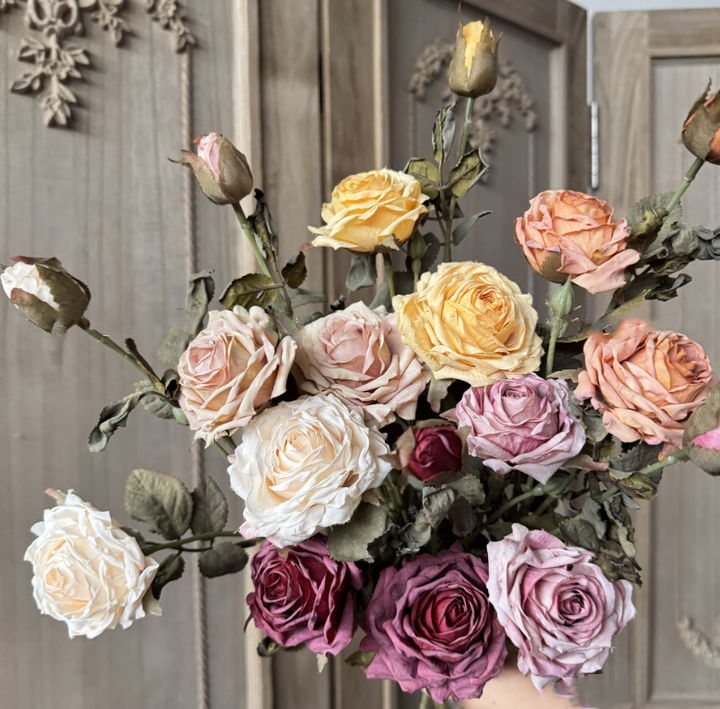 23''T Faux Vintage Single Rose Spray, 3 Flowers, Burnt Petal
