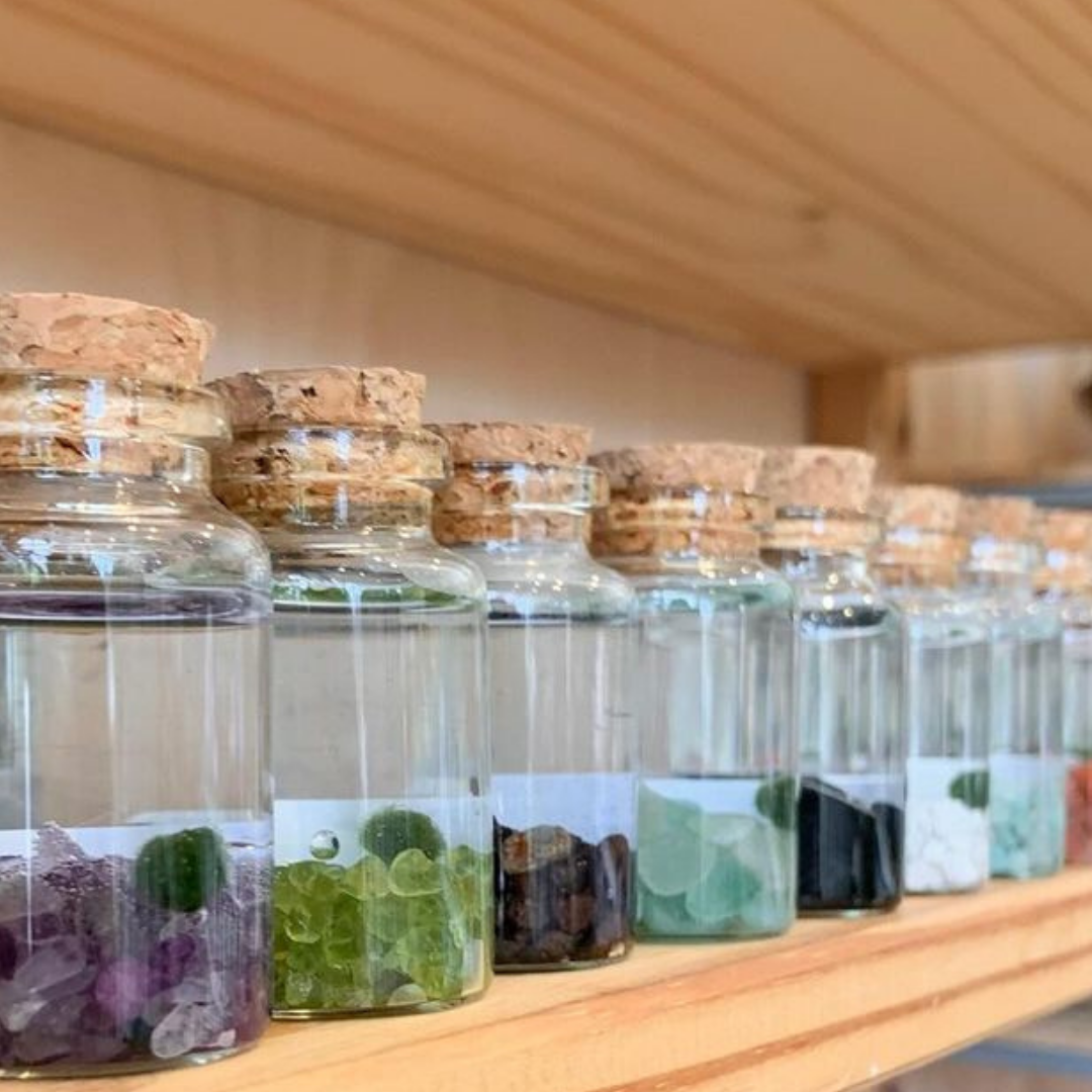 Tiny Marimo Moss Ball Terrarium with Peridot Gemstones