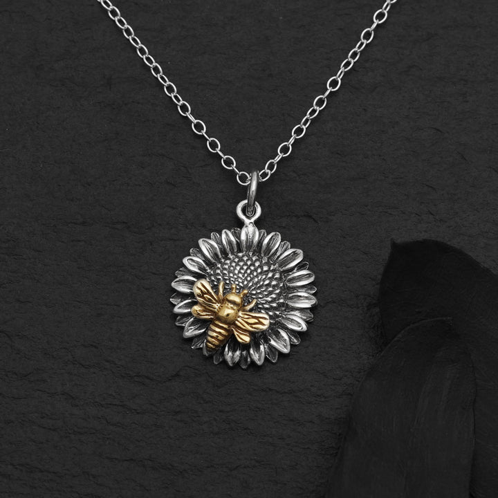 Sterling Silver Sunflower Necklace with Bronze Bee