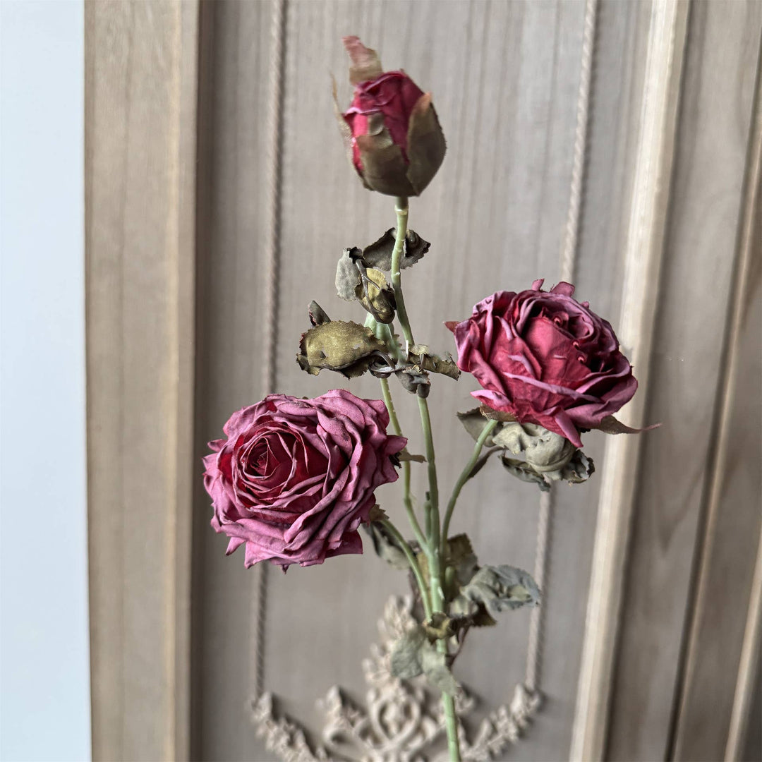 23''T Faux Vintage Single Rose Spray, 3 Flowers, Burnt Petal
