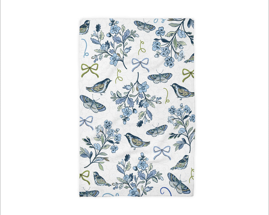 Bird Chinoiserie Floral Kitchen Towel Blue White Spring Bow