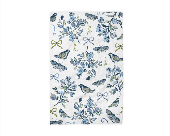 Bird Chinoiserie Floral Kitchen Towel Blue White Spring Bow