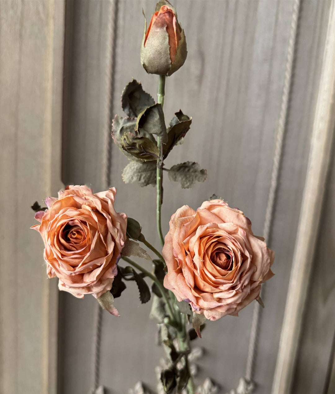 23''T Faux Vintage Single Rose Spray, 3 Flowers, Burnt Petal