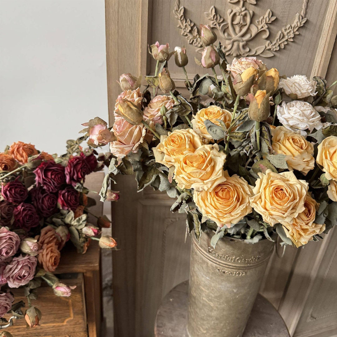 23''T Faux Vintage Single Rose Spray, 3 Flowers, Burnt Petal