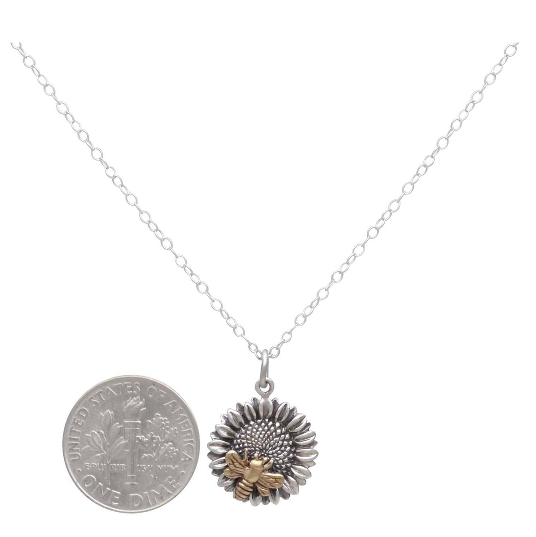 Sterling Silver Sunflower Necklace with Bronze Bee