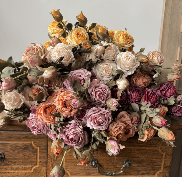 23''T Faux Vintage Single Rose Spray, 3 Flowers, Burnt Petal