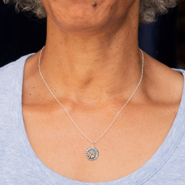 Sterling Silver Sunflower Necklace with Bronze Bee