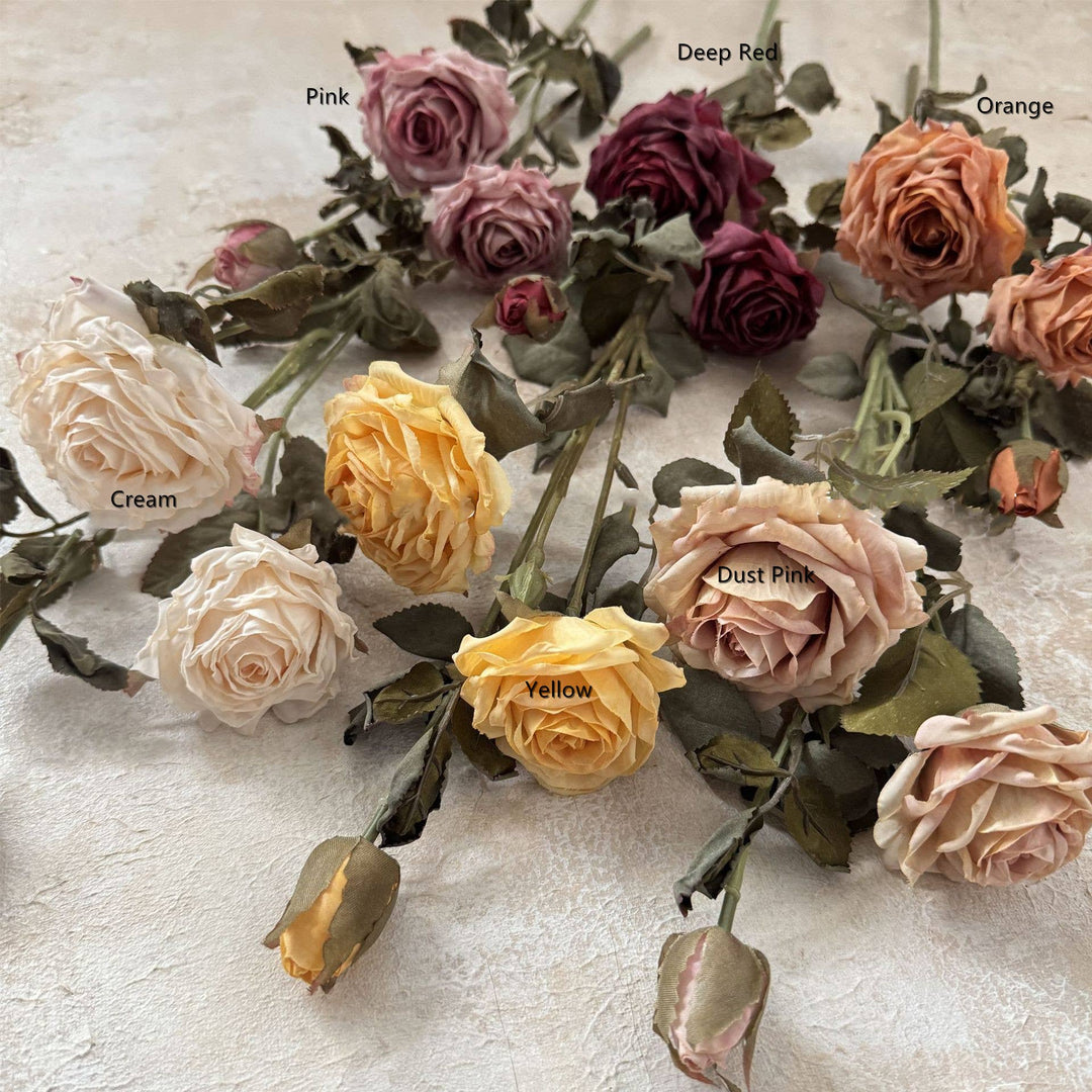 23''T Faux Vintage Single Rose Spray, 3 Flowers, Burnt Petal