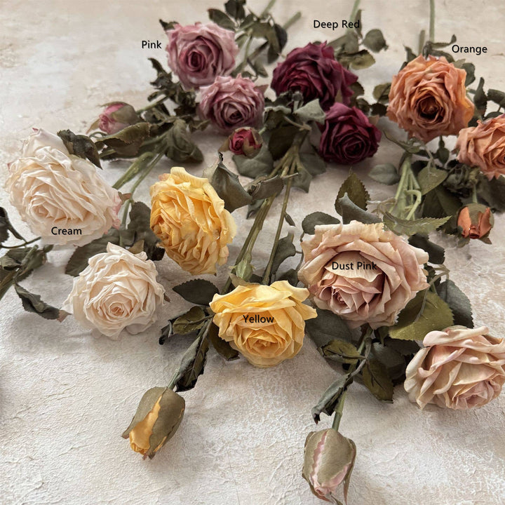 23''T Faux Vintage Single Rose Spray, 3 Flowers, Burnt Petal