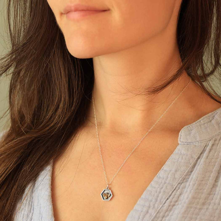 Silver Hexagon and Bronze Bee Charm Necklace